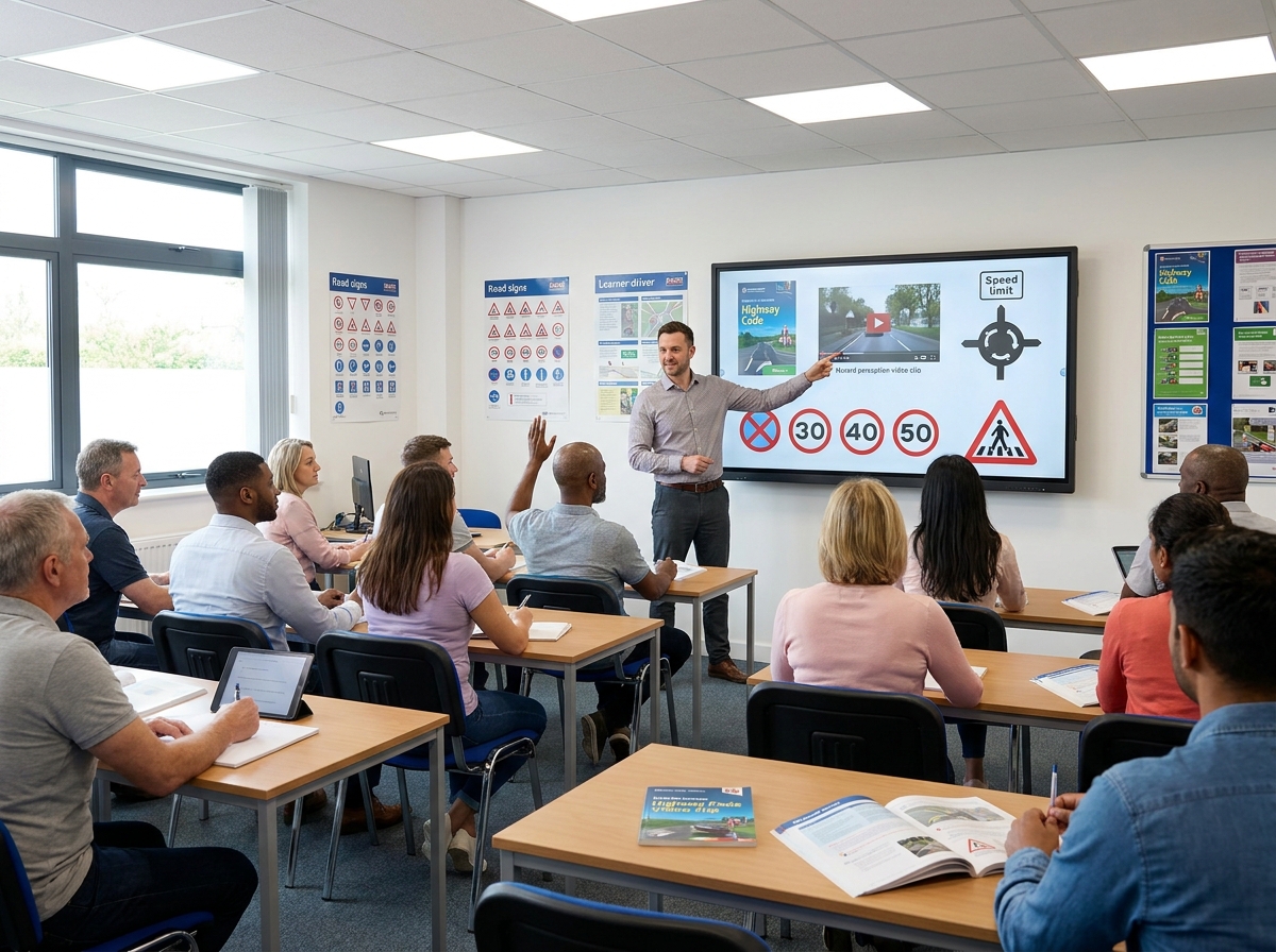 Driving instructor teaching students in a professional driving theory classroom